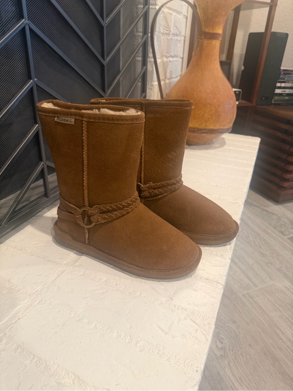 BearPaw Girls Brown Suede Braided Strap Ankle Boots